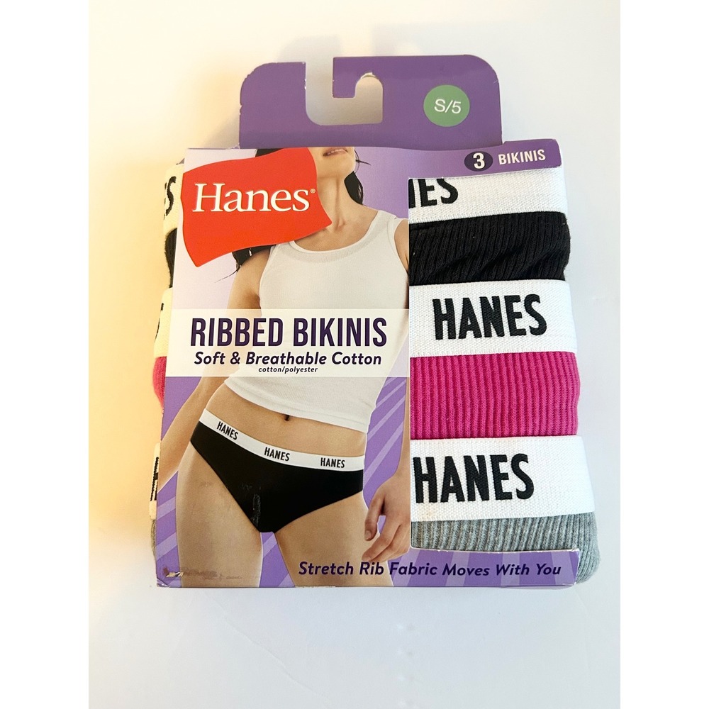 Hanes Ribbed Bikinis 3 Pack Womens Size S 5 Cotton Blend Underwear Multi